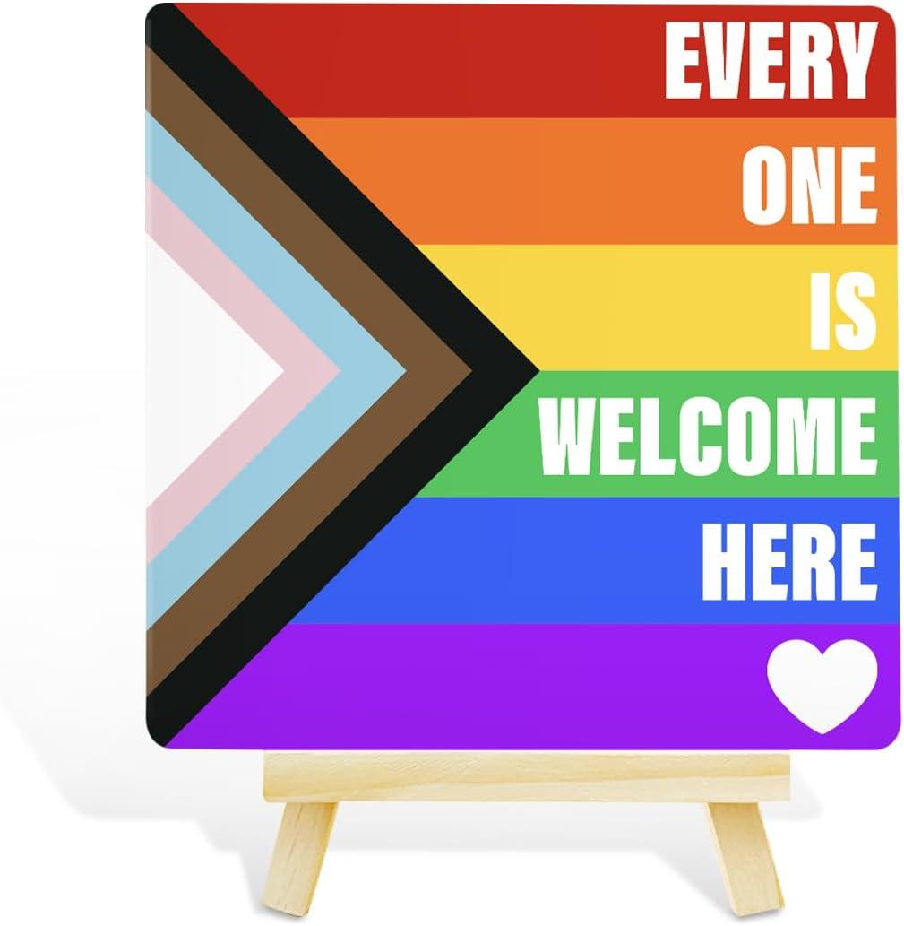 LGBT Pride Month Gifts for Men Women, LGBT Rainbow Progress Pride Lesbian Gay Queer Home Office Desk Decor, LGBTQ Equality Decor Sign, Every One Is Welcome Here