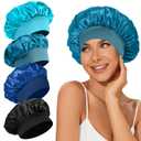 4Pcs Satin Bonnet Silk Bonnet, Hair Bonnet for Sleeping, Elastic Wide Band Silk Sleep Cap, Shower Cap Soft and Breathable (Blue Series)