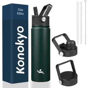 22oz Stainless Steel Bottles with 3 Lids Sport Insulated Water Bottle, Army Green
