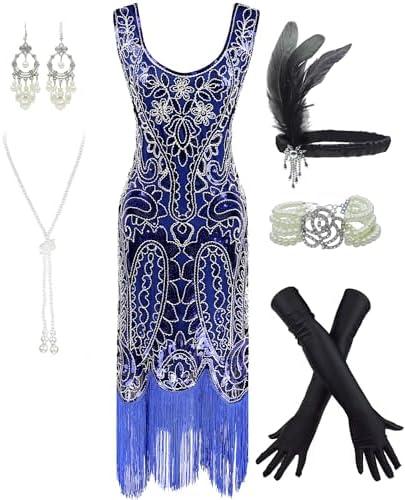 Women's 1920s Flapper Fringe Beaded Great Gatsby Party Dress with Costume Set, L