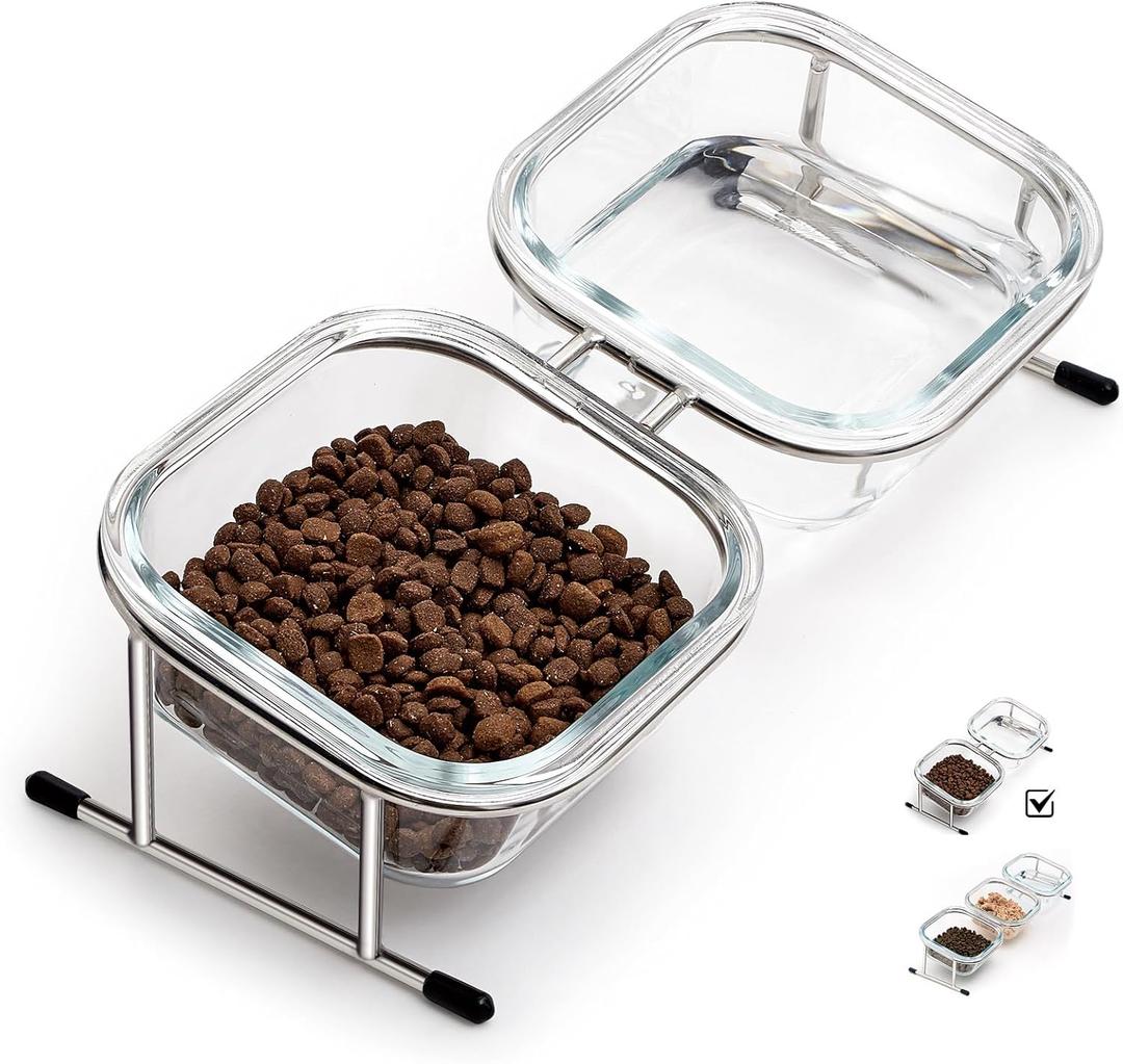 Hannadepot Elevated Cat Bowls, 15 Tilted Glass Raised Cat Food Bowl with Stainless Steel Stand, 2 Large Capacity Glass Cat Bowls and 4 Anti Slip Feet, Suitable for Cats and Little Dogs