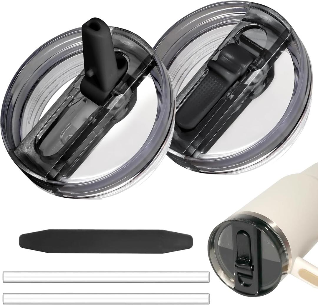2 Pack 40 oz Tumbler Flip Straw Lid for Stanley Quencher ProTour Leak Proof Lid Replacement for Stanley H2.0 Quencher, Spill Proof Reusable Lid for Stanley Cup Accessories (Black & Black, 40 oz)