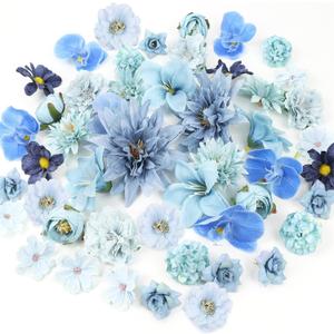 48 PCS Fake Flowers Heads - Artificial Flower Heads Bulk Silk Faux Flower for Crafts Cake Blossom Wreath Garland Bouquets for Crafts Wedding Bridal Party Baby Shower Home Decoration (Blue)