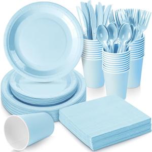 Dandat 350 Pcs Bridal Shower Decorations Baby Shower Party Supplies Include Plates Cups and Napkins Sets with Plastic Forks Knives Spoons for Wedding Birthday (Light Blue)
