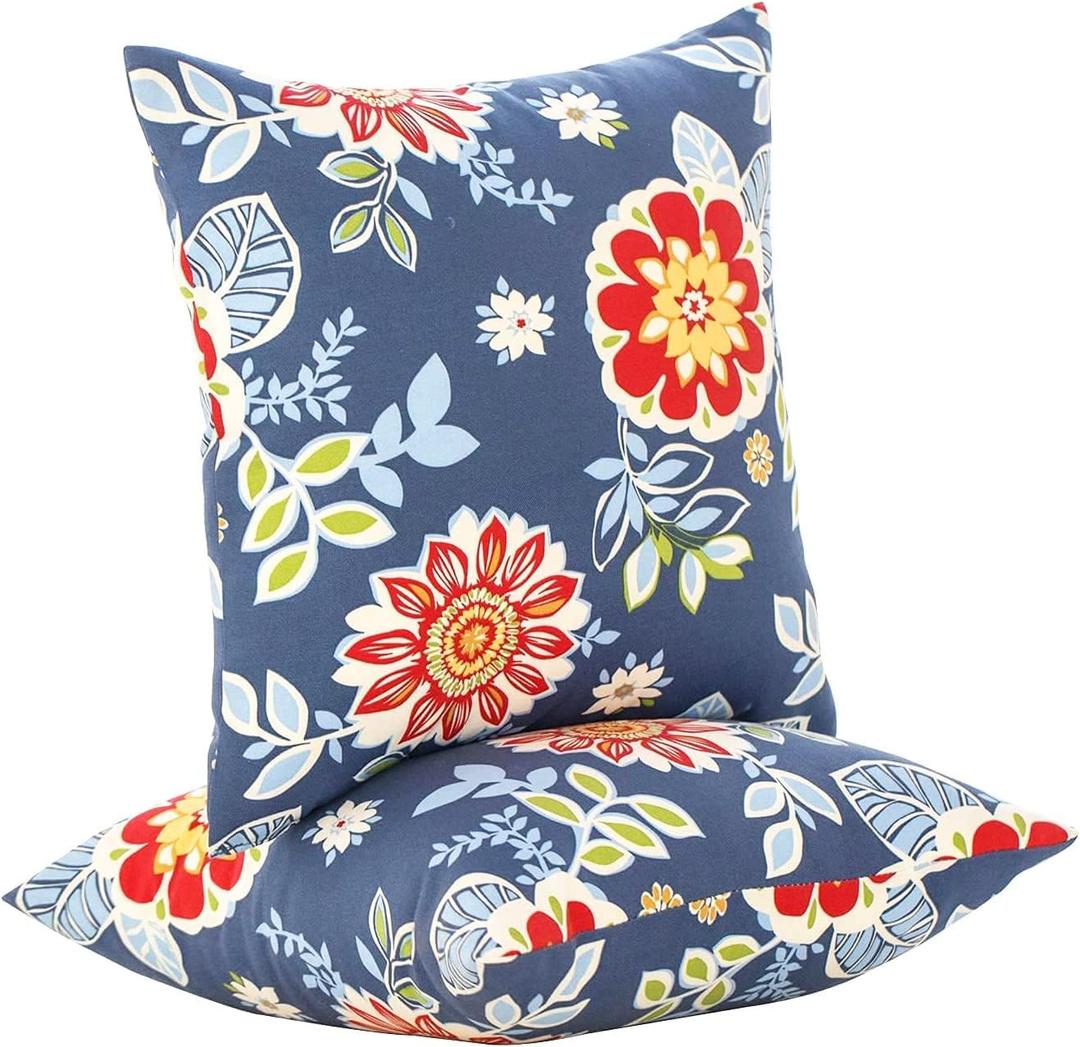 JMGBird Weather-Resistant Outdoor Pillows Set of 2, 18x18 inch Durable Red Flowers Blue Background Throw Pillows with Inserts for Patio Furniture  A-blue With Flower