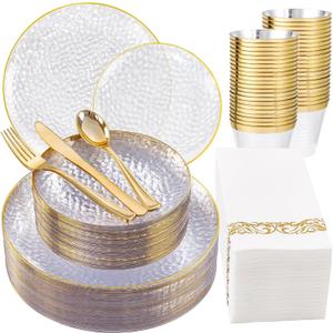 DaYammi 175PCS Clear Gold Plastic Dinnerware Set, Plastic Plates Disposable Hammered Disposable Plates for Party, Include: 25 Dinner Plates 25 Dessert Plates 75 Gold Silverware 25 Napkins 25 Cups