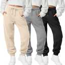 3 Pack Girls Sweatpants Joggers Baggy Ribbed Cuff Elastic Waist Drawstring for Kids Casual Teen Pants with Pockets (Large, Beige Apricot, Light Gray, Black)