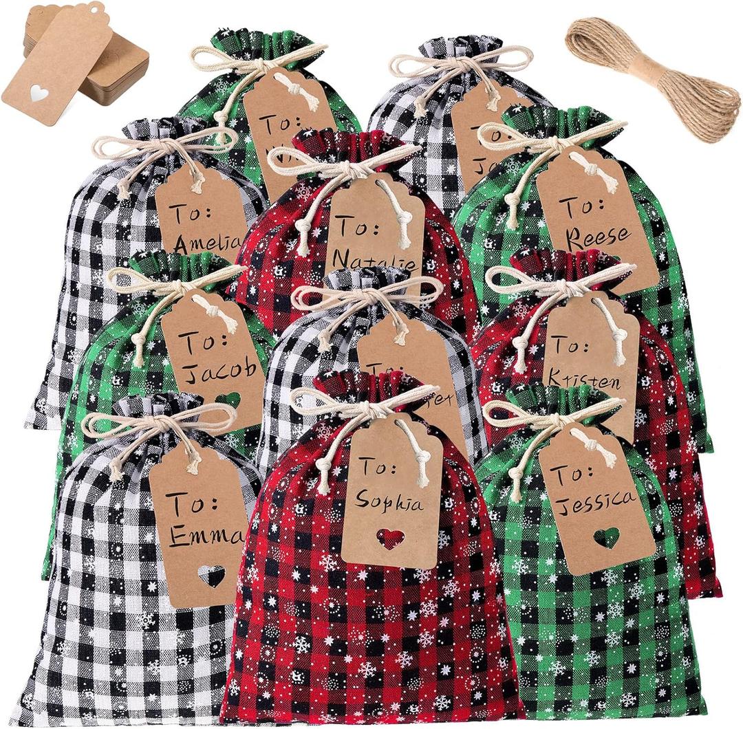Shappy 24 Pcs Christmas Drawstring Gift Bags Xmas Buffalo Plaid Burlap Advent Bags 10 x 8 Inches Linen Treat Candy Bag with 32.8 ft Rope 24 Card(Mixed Colors with Snowflake)