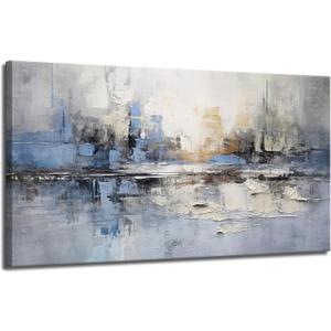 Large Abstract Living Room Canvas Wall Art Blue and White Reflection painting Decor Pictures Modern Big Neutral Posters Prints for Bathroom Bedroom Office Home Decoration, 39*20 in
