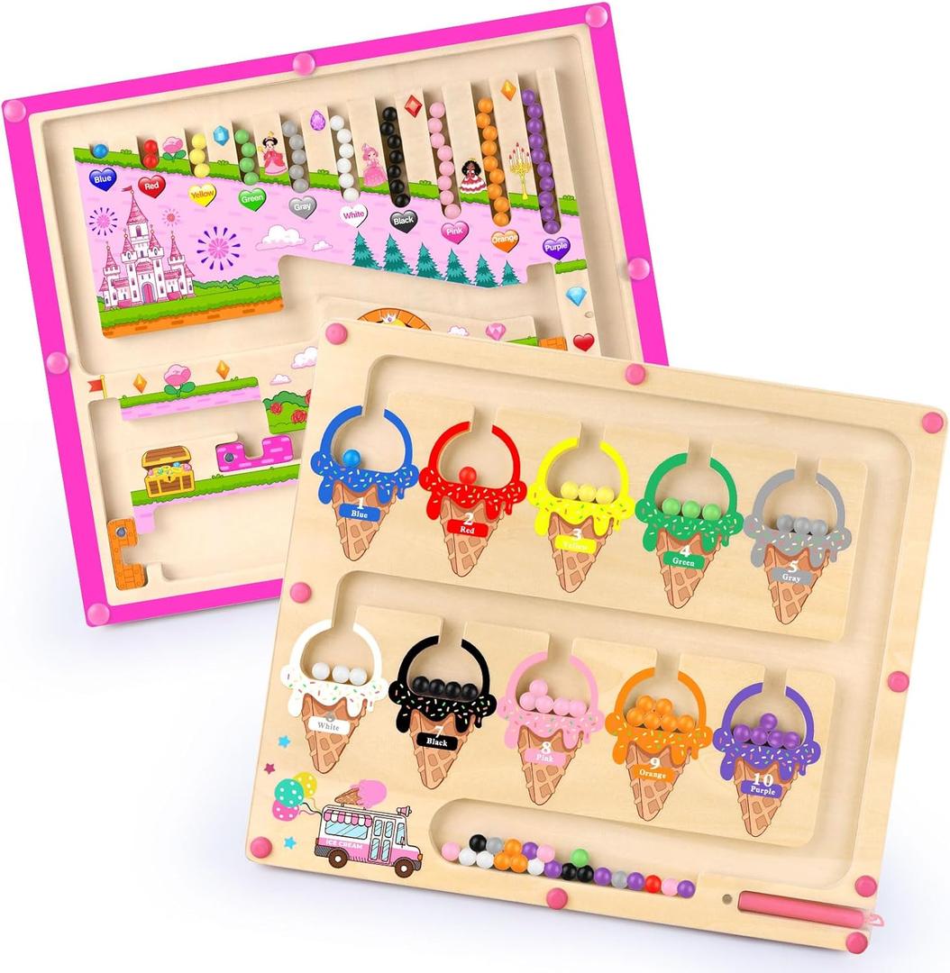 Syahro 2 in 1 Magnetic Color and Number Maze Montessori Toy for Girls Dual Purpose Wooden Magnetic Puzzle Early Learning Activity for Preschool Children Magnetic Maze Board Educational Game