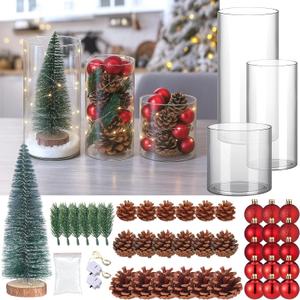 47 PCS Lighted Christmas Table Centerpiece Decor DIY Set Include 3 Cylinder Vases Xmas Balls Bottle Brush Tree Pine Cone Pine Branch Light Fake Snow for Xmas Party Dining Table Decoration