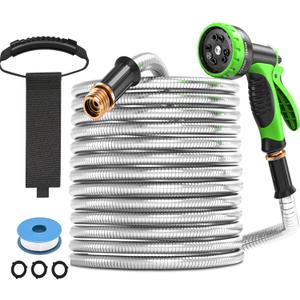 GARDENWORK Garden Hose,75ft Stainless Steel Garden Hose,Metal Hose with 10 Function Sprayer Nozzle,Flexible,Never Kink & Tangle for Outdoor,Yard,Lawn,Patio,Car