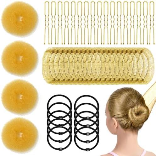 YINGFENG 134 Pcs Gold Hair Bun Maker Kit for Kids Small - 4 Hair Donuts for Buns, 20 Hair Nets for Buns, 100 U Shaped Bobby Pins, 10 Hair Bands, for Girls, Ballet Dance, Hair Accessories for Women