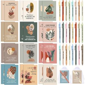 Mooliwe 12 Set/24 Pcs Positive Affirmation Gift Set Gratitude Notebooks with Pens Small Bags Motivational Encouragement Notepads Daily Affirmations Journal for Women Stress Relief Self Care(Plant)
