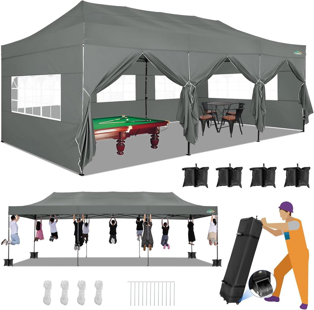 COBIZI 10x30 Heavy Duty Pop up Canopy with 8 sidewalls Stable Wedding Outdoor Tents for Parties Canopy Pop Up Party Tent UPF 50+ Waterproof Commercial Gazebo with Roller Bag, Gray Upgraded (Light Grey)