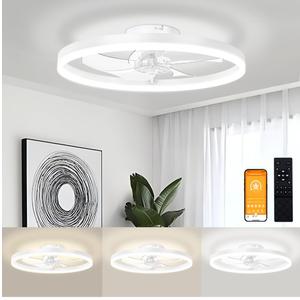 VOLISUN Low Profile Ceiling Fans with Light and Remote, 19.7in Modern Bladeless Ceiling Fan with Lights,3000K-6500K Dimmable Flush Mount LED Fan Light,White Fandelier Ceiling Fans for Bedroom