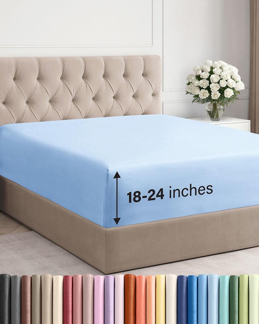 Extra Deep Queen Fitted Sheet - Hotel Luxury Single Fitted Sheet Only - Easily Fits 18 inch to 24 inch Mattress - Ultra Soft, Wrinkle & Fade Free w/Extra Deep Pocket - Breathable & Comfy - Light Blue