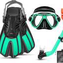 Snorkeling Gear for Kids Ages 3-14, 4 in 1 Mask Fins Snorkel Set with Panoramic View Anti Fog Mask, Dry Top Snorkel, Trek Fins and Travel Bag, Kids Snorkel Set for Snorkeling Swimming (Turquoise)
