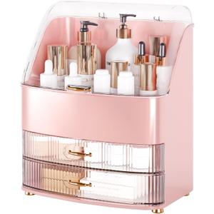 Makeup Organizer Countertop Vanity with Transparent Lid Drawers Waterproof Dustproof Cosmetic Skincare Bathroom Storage Gift for Women Teens Girls (Pink) (Large)