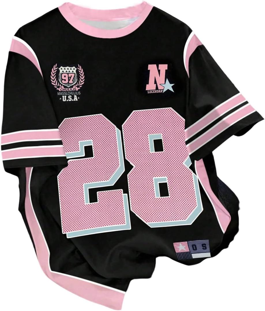 Girl's Jersey Shirts Color Block Number Graphic Tees Short Sleeve Crew Neck Sports T Shirt (Pink and Black) 12Y