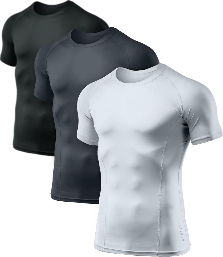 ATHLIO Men's Cool Dry Short Sleeve Compression Shirts, Sports Baselayer T-Shirts Tops, Athletic Workout Shirt, 3pack Tops Black/Charcoal/White, XX-Large