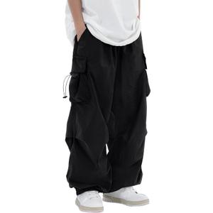 PLEPAN Men's Baggy Cargo Parachute Pants Casual Loose Fit Drawstring Streetwear Y2k Sweatpants for Men with Pockets, Black, L(US 36)