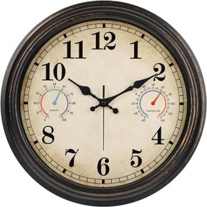16 Inch Large Outdoor Clock with Thermometer and Hygrometer Combo, Waterproof Indoor Outdoor Wall Clocks for Patio, Pool, Garden, Backyard Decor- Retro Bronze