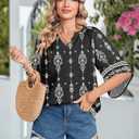 Zeagoo Womens Tops 3/4 Sleeve V Neck Bohemian Blouses Casual Loose Fit Tunic Boho Shirts Floral Printed Clothes (Black, XL)