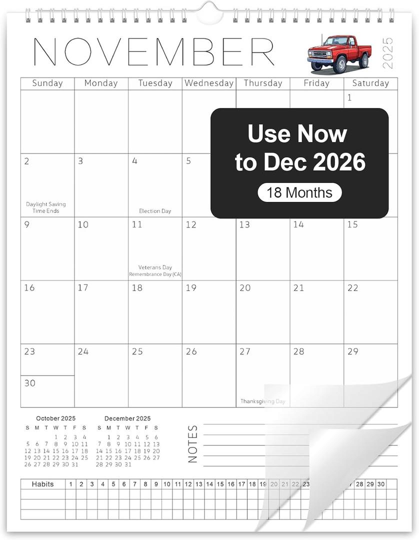 Gannyfer 2026 Wall Calendar, 14" x 11" Spiral Bound 2026 Calendar, 18 Month Minimalist Wall Calendar, Use Now to Dec 2026, Magnetic Fridge Calendar Perfect for Home School Office (3 Stickers)
