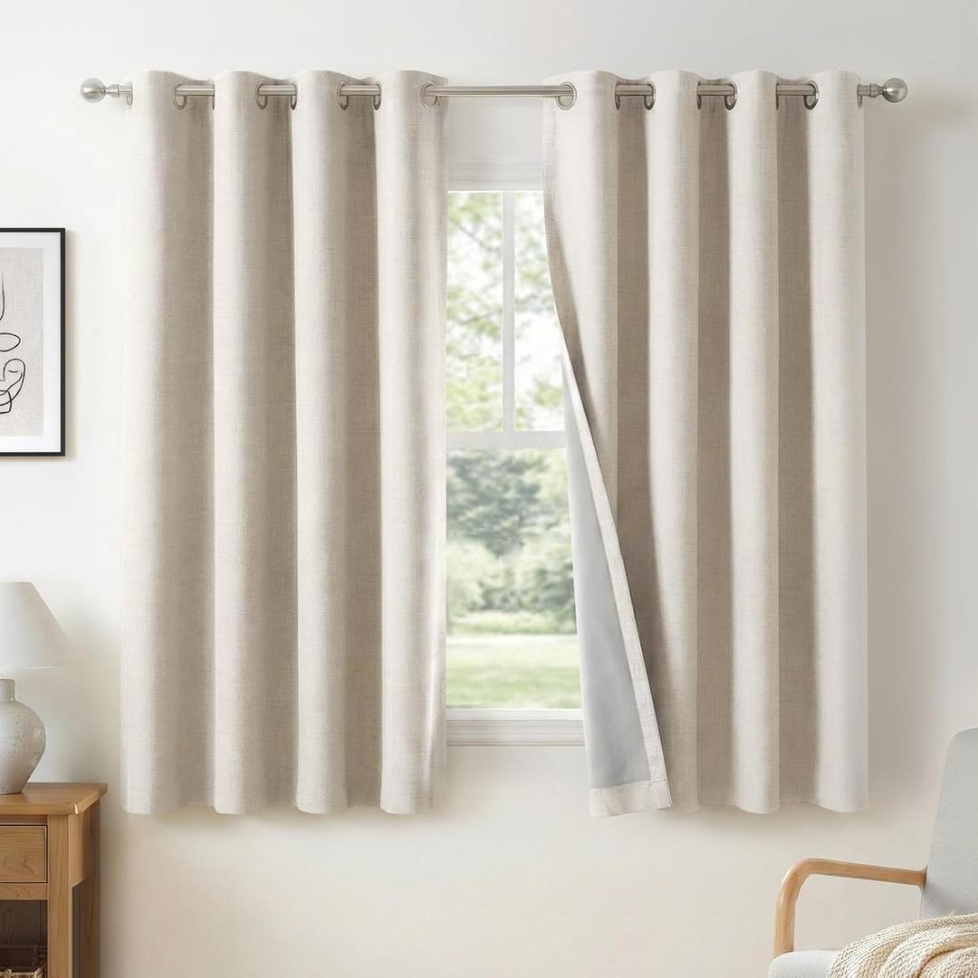 100% Blackout Shield Linen Blackout Curtains for Bedroom, Beige Grommet Curtains for Living Room, Thermal Insulated Room Darkening Drapes for Nursery, Boho Home Decor, 40" W x 45" L, 2 Panels