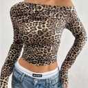 Floerns Women's Leopard Print Asymmetrical Neck Crop Tops Ruched Long Sleeve Tee Shirts (L)