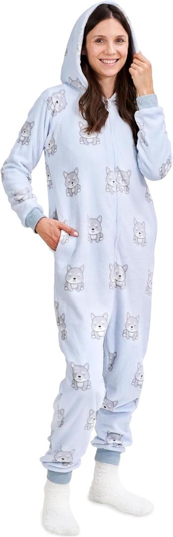 The Big Softy Adult Onesies for Women, Fleece Onesie PJs for Women, Teens, Funny Adult Onesie Pajamas, Cute One Piece Pajamas (Blue Pups) XS