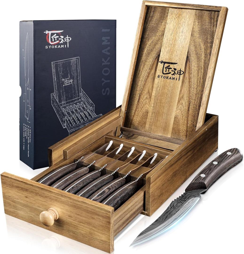 Steak Knives Set of 6 with Drawer Organizer, 4.8 Inch High Carbon Japanese Style Non Serrated Meat Knife with Wood Handle, Damascus Pattern Full Tang Design, Razor-Sharp Dinner Knives (Brown)