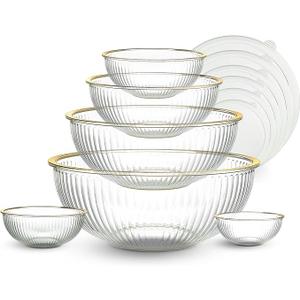 COOK WITH COLOR 12 Pc Glass Mixing Bowl Set with Lids – Borosilicate Glass Nesting Bowls for Cooking, Baking and Meal Prep, Fluted with Gold Rim