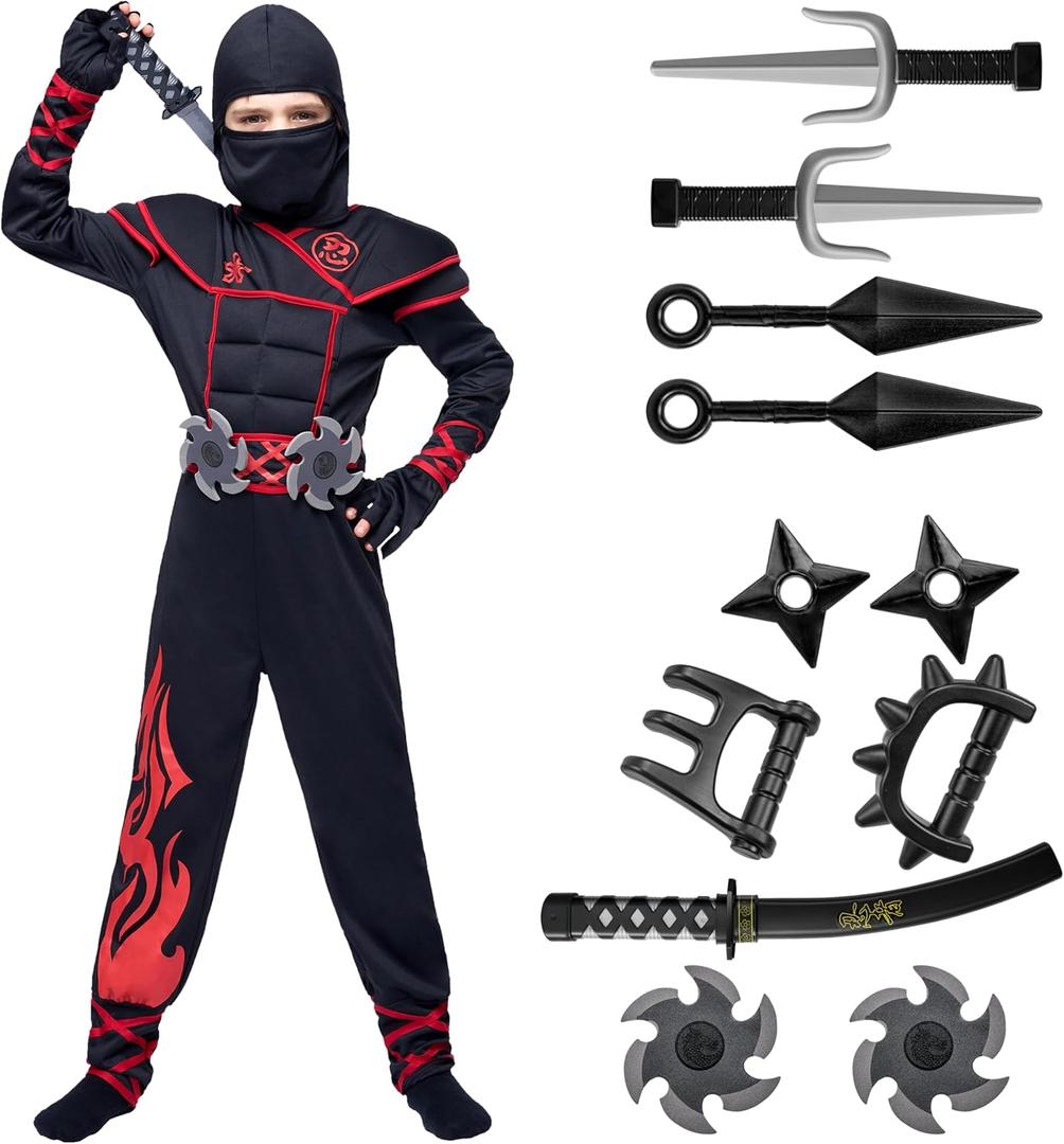 Spooktacular Creations Ninja Costume Kids, Muscle Ninja Deluxe Set, Toddler Unisex Kungfu Halloween Costumes with Foam Accessories for Halloween Themed Parties, Red, Small