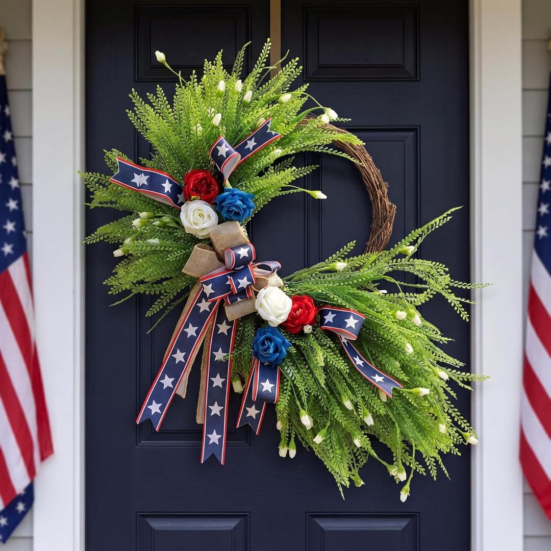Suncalla Red White and Blue Wreath 4th of July Patriotic Wreath with Artificial Greenery Bow 16.5" 250th Anniversary American Flag Front Door Decorations for Independence Day Home Farmhouse Outdoor