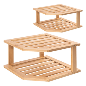 VERTORGAN Bamboo Corner Shelf(2 Pack),2 Tier Plate Organizer for Cabinet and Countertop,Pantry Dish and Spice Rack for Kitchen