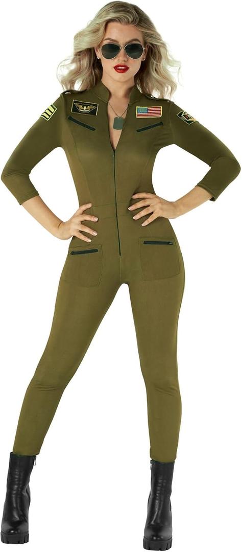 Morph Womens Aviator Costume Fitted Flight Suit Halloween Outfit Military Style for Women (Large)
