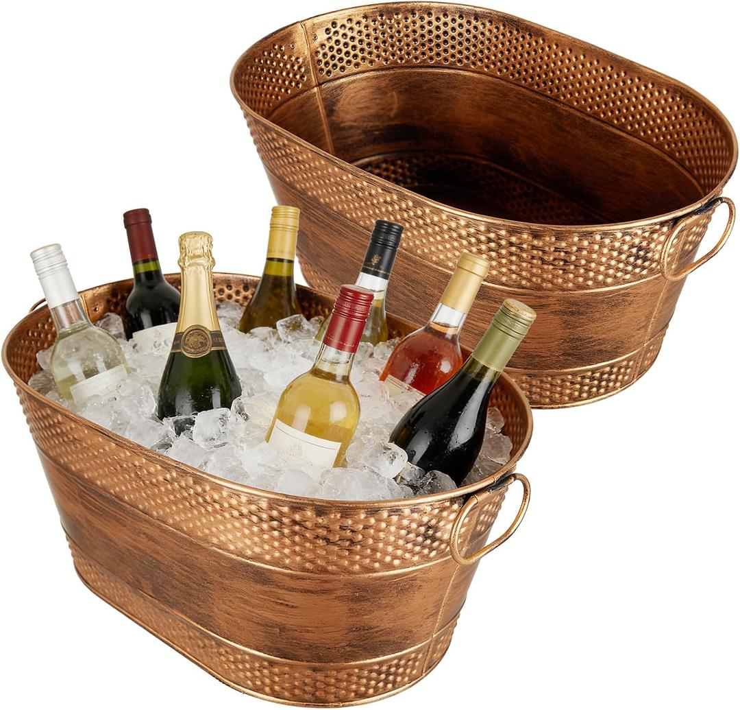 4 Gallon Galvanized Beverage Tub, 2 Pcs Heavy-Duty Copper Ice Buckets Large Galvanized Drink Buckets Oval Metal Beverage Ice Tub with Handles for Catering Bars Parties