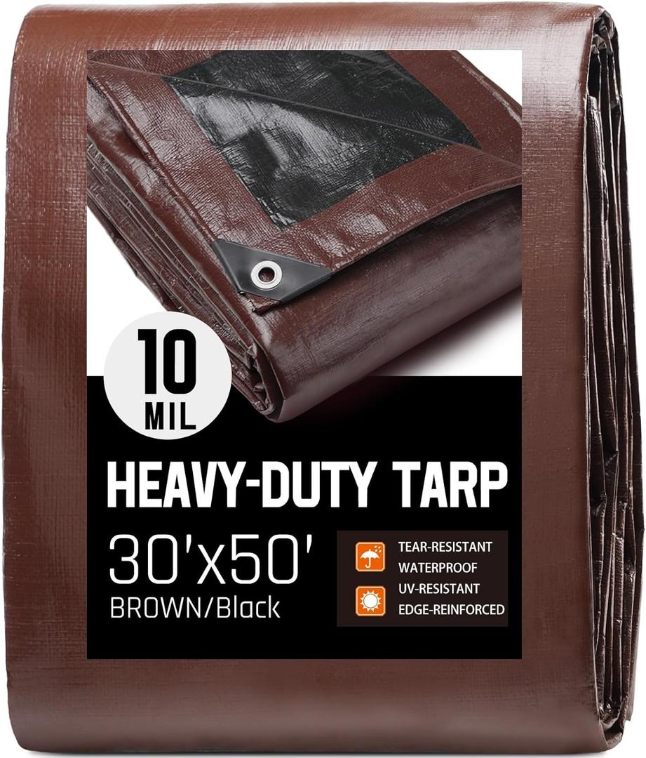 30 x 50 FT Waterproof Heavy Duty Tarp, 10 Mil Thick, Outdoor Furniture Covers, Plastic Insulated Tarpaulin for Camping Tent Roof Boat Patio Pool Cover, Large & Small Multi-Size Tarps, Brown/Black