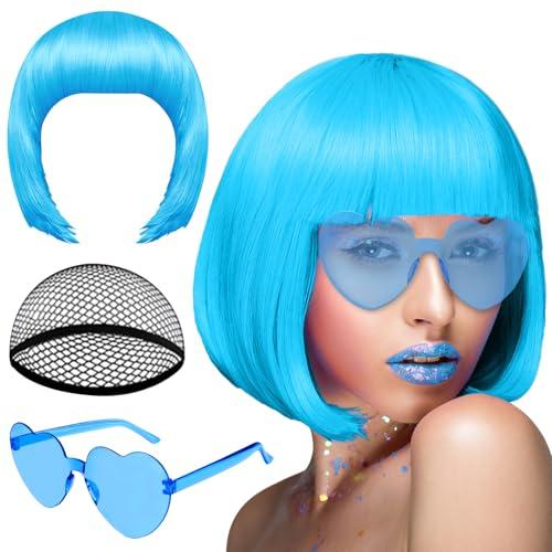 PLULON Sky Blue Bob Wig and Sunglass Set, Neon Short Bob Wig Sunglass Pack Costume Colorful Cosplay Wig Hairpieces for Bachelorette Neon Party Favors, Halloween Decorations