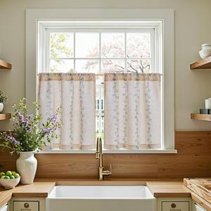 jinchan Katy Linen Floral Kitchen Curtains 24 Inches Length Stripe Cafe Curtains Farmhouse Cottagecore Tier Small Window Drapes for Living Room Light Filtering Rod Pocket 2 Panels Blue on Linen