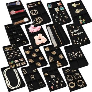 Landical 16 Pcs Stackable Jewelry Organizer for Drawer Velvet Jewelry Tray with Dividers Earring Holder & Ring Display Box Fits 8.4 x 5 x 1 Drawer Necklace Storage for Women, Girls,16 Styles (Black)