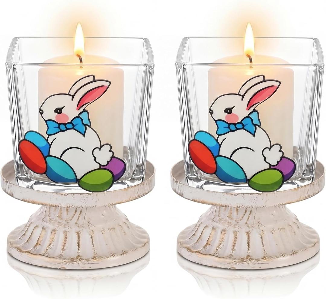 Havawish Easter Votive Candle Holders Set of 2, Bunny Candle Holder Rabbit Glass Square Votive Tealight Candles Holders Bulk for Easter Spring Table Centerpiece Decor Home Decoration