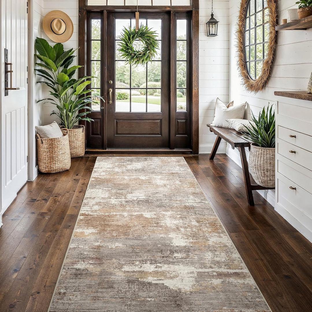 4x10 Washable Kitchen Runner Rug: Modern Abstract Wide Runners for Hallway Soft Non Slip Rugs with Rubber Backing Low Pile Thin Carpet for Entryway Bedroom Bathroom Laundry Indoor(Brown/Brick,4x10)