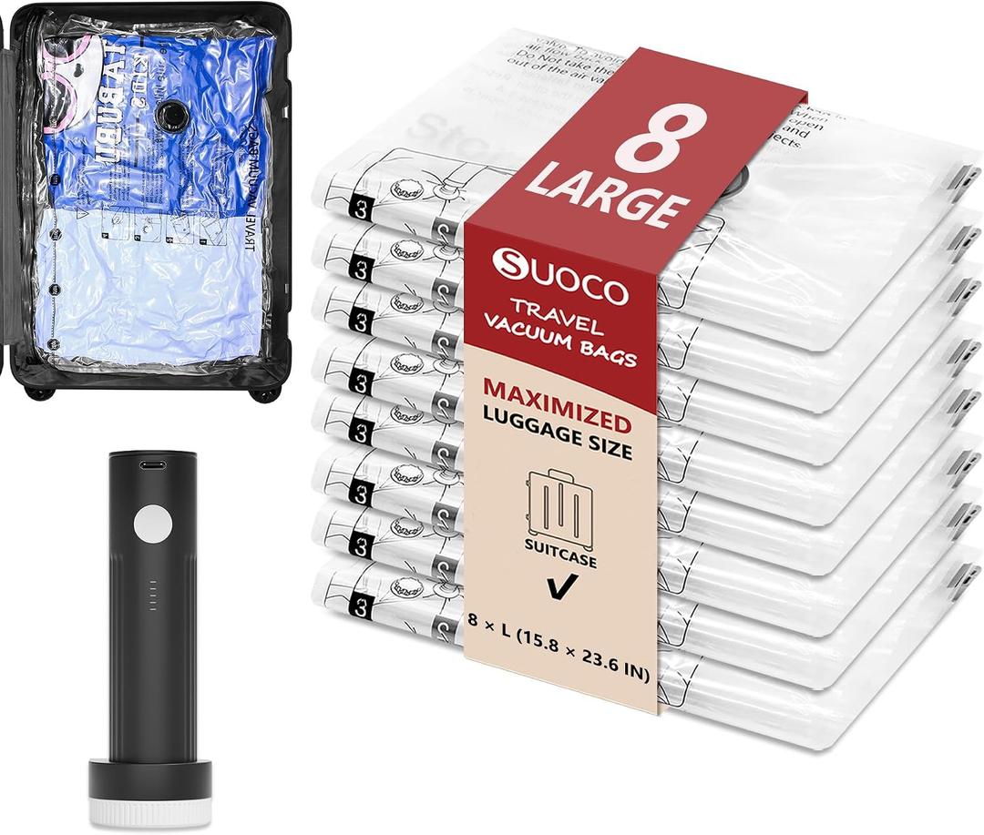 Travel Vacuum Bags for Clothing with Rechargeable Electric Pump, Compression Packing Cubes Organizer Storage for Luggage Suitcase, Space Saver Seal Bags for Vacation Cruise, 8 Large