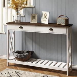 ChooChoo 47" Farmhouse Console Table with Drawer for Entryway, Narrow Long Entry Table with Shelf for Living Room, Rustic Vintage Hallway Sofa Table with Stable X Supports, White (47.2W*11.81"D*31.5H)