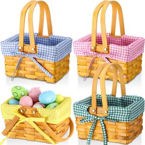 4 Pcs Easter Basket with Double Folding Handles and Gingham Liner Empty Natural Woven Woodchip Picnic Bamboo Handmade Woven Eggs Basket for Picnic, Gift Packing, Storage