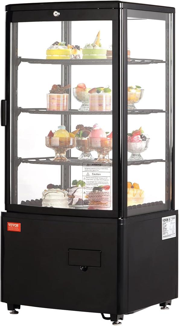 VEVOR XC-78L(1R) Cake Refrigerated 3 Cu.Ft./85L Countertop Pastry, Commercial Display Case with LED Lighting, TURBO, Frost-Free Air-Cooling, Locked Door for Bakery, 18.8 x 16.9 x 38 in, Black