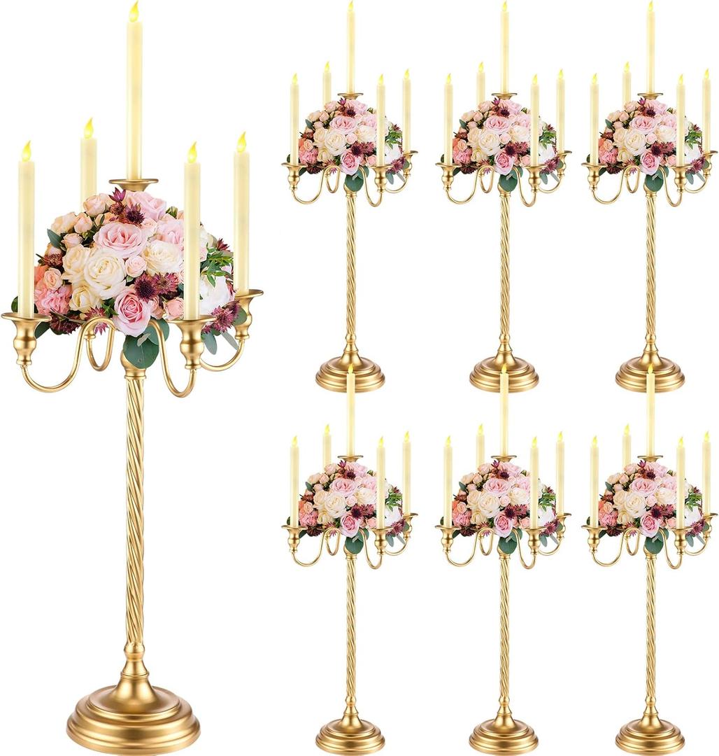 Tanlade 6 Pack Gold Candelabra Table Centerpieces Tall Candelabra Wedding Metal Candle Holder 5 Arm Taper Candlestick Floral Flower Floor Candle Stand for Dining Holiday Ceremony Easter Party(28 Inch)